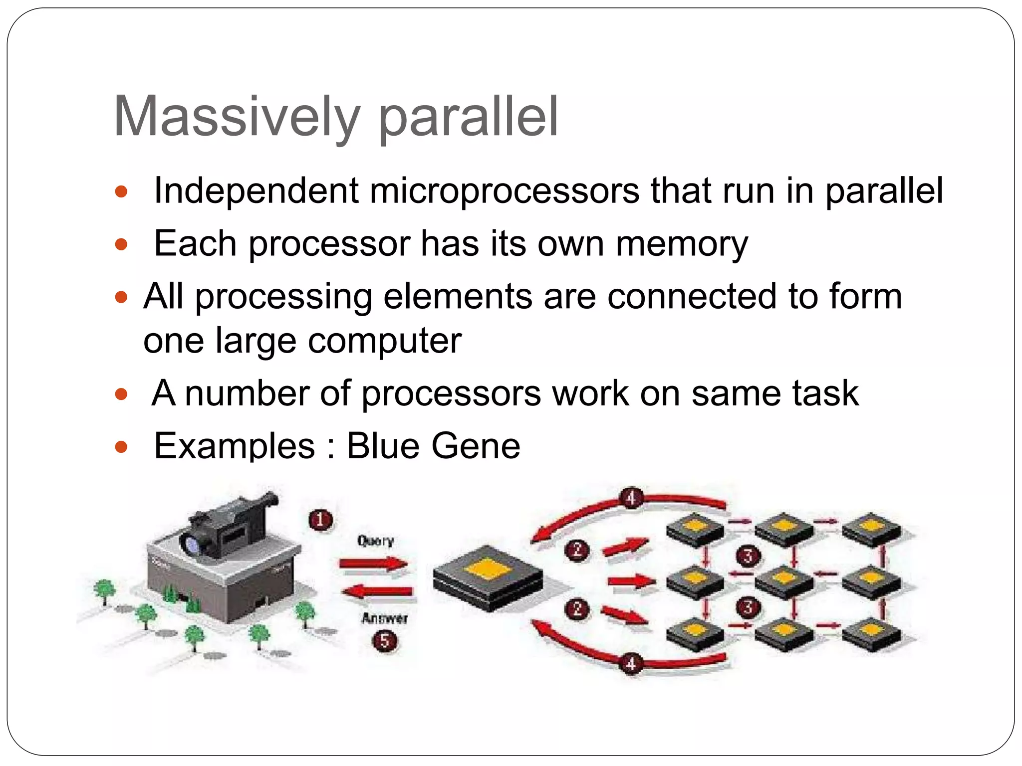 Massively parallel
 Independent microprocessors that run in parallel
 Each processor has its own memory
 All processing elements are connected to form
one large computer
 A number of processors work on same task
 Examples : Blue Gene
 