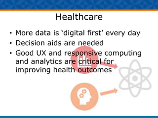 Healthcare
• More data is ‘digital first’ every day
• Decision aids are needed
• Good UX and responsive computing
and analytics are critical for
improving health outcomes
 
