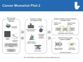 Multi-modal experimental
data, image reconstruction,
analytics
Adaptive spatial
resolution
Adaptive time
stepping
High-fidelity subgrid modeling
Experiments
on nanodisc
CryoEM
imaging
X-ray/neutron
scattering
Protein structure
databases
Adaptive sampling molecular dynamics
simulation codes
Unsupervised deep
feature learning
Uncertainty quantification
Mechanistic
network models
RAS activation
experiments
(FNLCR)
Phase field
model
Coarse-
grain MD
Classical
MD
Machine learning guided
dynamic validation
Granular RAS
membrane
interaction
simulations
Atomic resolution
RAS-RAF interaction
RAS Activation
Predictive simulation
and analysis of RAS
Phase Field model of
lipid membrane
Cancer Moonshot Pilot 2
Dr. Fred Streitz, Lawrence Livermore National Lab
 