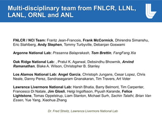 Multi-disciplinary team from FNLCR, LLNL,
LANL, ORNL and ANL
Argonne National Lab: Prasanna Balaprakash, Tom Brettin, FangFang Xia
FNLCR / NCI Team: Frantz Jean-Francois, Frank McCormick, Dhirendra Simanshu,
Eric Stahlberg, Andy Stephen, Tommy Turbyville, Debanjan Goswami
Oak Ridge National Lab: , Pratul K. Agarwal, Debsindhu Bhowmik, Arvind
Ramanathan, Blake A. Wilson, Christopher B. Stanley
Lawrence Livermore National Lab: Harsh Bhatia, Barry Belmont, Tim Carpenter,
Francesco Di Natale, Jim Glosli, Helgi Ingolfsson, Piyush Karande, Felice
Lightstone, Tomas Oppelstrup, Liam Stanton, Michael Surh, Sachin Talathi, Brian Van
Essen, Yue Yang, Xiaohua Zhang
Los Alamos National Lab: Angel Garcia, Christoph Jungans, Cesar Lopez, Chris
Neale, Danny Perez, Sandrasegaram Gnanakaran, Tim Travers, Art Voter
Dr. Fred Streitz, Lawrence Livermore National Lab
 