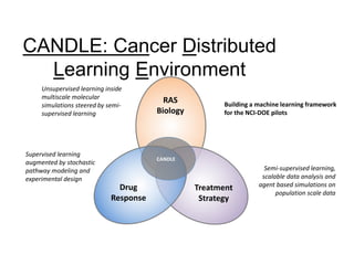 CANDLE: Cancer Distributed
Learning Environment
RAS
Biology
Treatment
Strategy
Drug
Response
CANDLE
Unsupervised learning inside
multiscale molecular
simulations steered by semi-
supervised learning
Supervised learning
augmented by stochastic
pathway modeling and
experimental design
Semi-supervised learning,
scalable data analysis and
agent based simulations on
population scale data
Building a machine learning framework
for the NCI-DOE pilots
 
