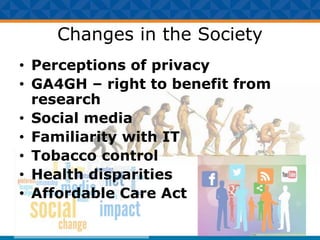 Changes in the Society
• Perceptions of privacy
• GA4GH – right to benefit from
research
• Social media
• Familiarity with IT
• Tobacco control
• Health disparities
• Affordable Care Act
 
