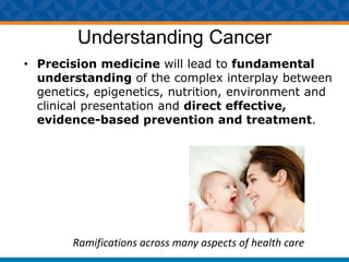 Understanding Cancer
• Precision medicine will lead to fundamental
understanding of the complex interplay between
genetics, epigenetics, nutrition, environment and
clinical presentation and direct effective,
evidence-based prevention and treatment.
Ramifications across many aspects of health care
 