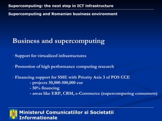 Supercomputing and Romanian business environment Business and supercomputing Support for virtualized infrastructures Promotion of high performance computing research Financing support for SME with Priority Axis 3 of POS CCE   - projects 50,000-500,000 eur   - 50% financing   - areas like ERP, CRM, e-Commerce (supercomputing consumers) 
