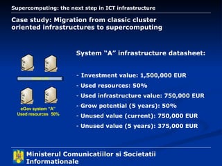Case study: Migration from classic cluster oriented infrastructures to supercomputing  System “A” infrastructure datasheet: Investment value: 1,500,000 EUR Used resources: 50% Used infrastructure value: 750,000 EUR Grow potential (5 years): 50% Unused value (current): 750,000 EUR Unused value (5 years): 375,000 EUR 