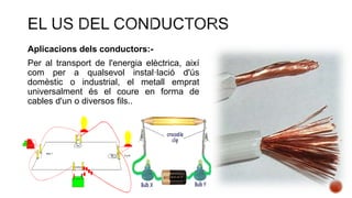 Aplicacions dels conductors:-
Per al transport de l'energia elèctrica, així
com per a qualsevol instal·lació d'ús
domèstic o industrial, el metall emprat
universalment és el coure en forma de
cables d'un o diversos fils..
 