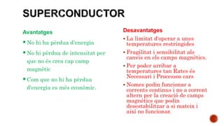 Desavantatges
 La limitat d'operar a unes
temperatures restringides
 Fragilitat i sensibilitat als
canvis en els camps magnètics.
 Per poder arribar a
temperatures tan Rates és
Necessari i Processos cars
 Nomes podin funcionar a
corrents continus i no a corrent
altern per la creació de camps
magnètics que podin
desestabilitzar a si mateix i
així no funcionar.
Avantatges
No hi ha pèrdua d'energia
No hi pèrdua de intensitat per
que no és crea cap camp
magnètic
Com que no hi ha pèrdua
d'energia es més econòmic.
 