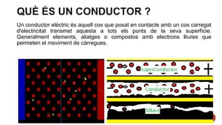 Un conductor elèctric és aquell cos que posat en contacte amb un cos carregat
d'electricitat transmet aquesta a tots els punts de la seva superfície.
Generalment elements, aliatges o compostos amb electrons lliures que
permeten el moviment de càrregues.
 