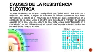 Aquesta resistència és causada principalment per quatre coses. Un d'ells és la
disposició dels àtoms, la segona es el nombre de electrons disponibles en la banda
de valencià , la tercera es la impureses en el metall, que causen irregularitats en la
periodicitat de la xarxa. L'altre o el últim és la pertorbació o "vibració" de la xarxa
causada per la calor. Atès que alguns de calor està sempre present (excepte en el
zero absolut) sempre hi ha una mica de resistència d'aquesta font que impedeix que
els electrons de navegar a través.
 