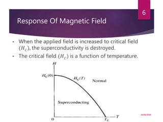 Response Of Magnetic Field
• When the applied field is increased to critical field
(𝐻 𝐶), the superconductivity is destroyed.
• The critical field (𝐻 𝐶) is a function of temperature.
14/02/2016
6
 