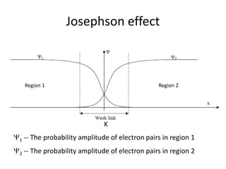 Josephson effect
Y1 -- The probability amplitude of electron pairs in region 1
Y2 -- The probability amplitude of electron pairs in region 2
Region 1 Region 2
K
 