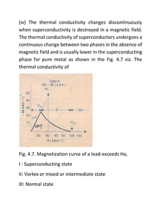 (iv) The thermal conductivity changes discontinuously
when superconductivity is destroyed in a magnetic field.
The thermal conductivity of superconductors undergoes a
continuous change between two phases in the absence of
magnetic field and is usually lower in the superconducting
phase for pure metal as shown in the Fig. 4.7 viz. The
thermal conductivity of
Fig. 4.7. Magnetization curve of a lead-exceeds Ha,
I : Superconducting state
II: Vortex or mixed or intermediate state
III: Normal state
 