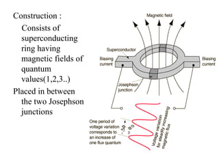 Construction :
Consists of
superconducting
ring having
magnetic fields of
quantum
values(1,2,3..)
Placed in between
the two Josephson
junctions
 
