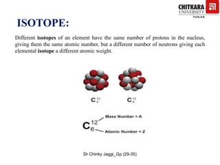 Different isotopes of an element have the same number of protons in the nucleus,
giving them the same atomic number, but a different number of neutrons giving each
elemental isotope a different atomic weight.
ISOTOPE:
Dr Chinky Jaggi_Gp (29-35)
 