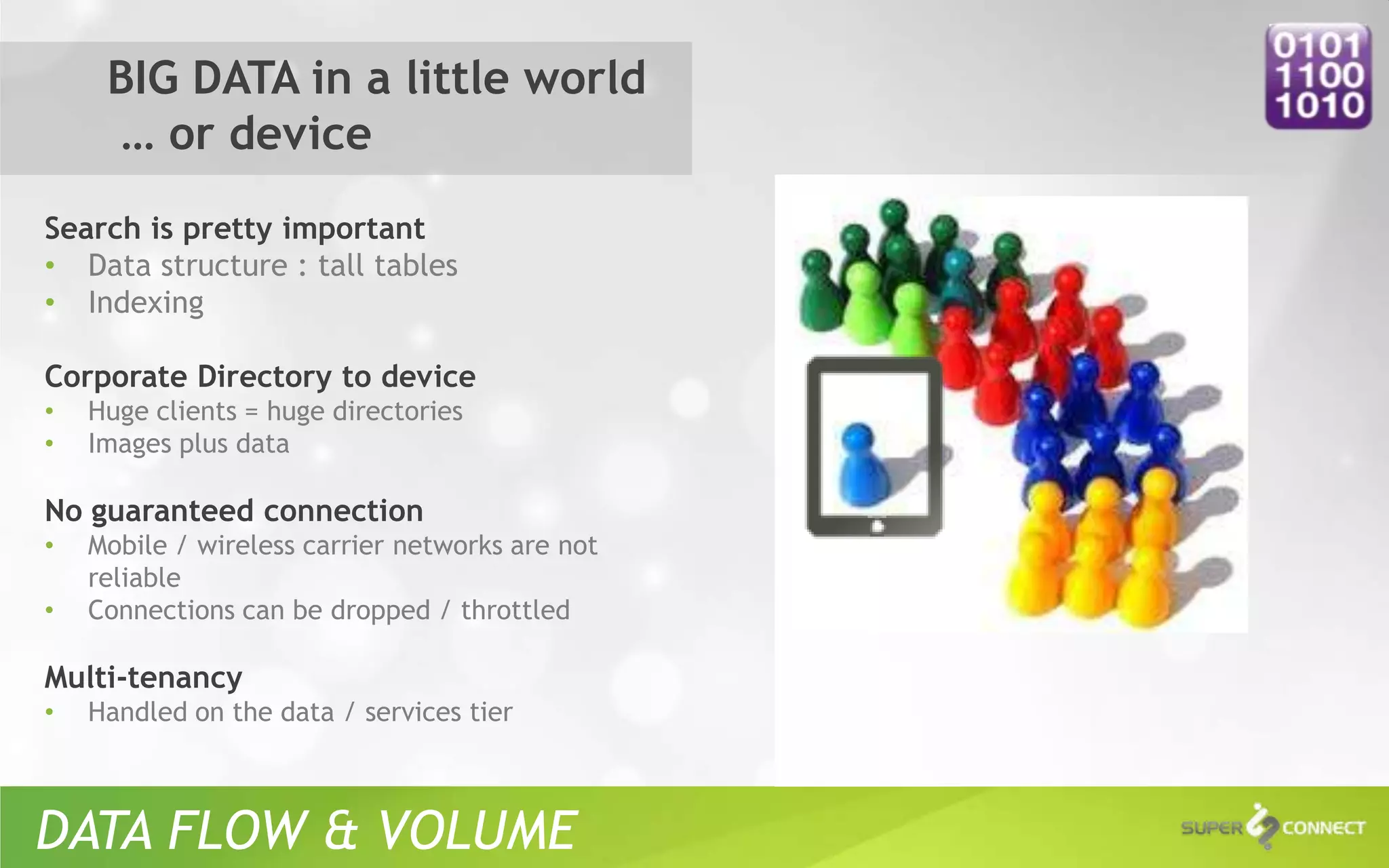 BIG DATA in a little world
     … or device
Search is pretty important
• Data structure : tall tables
• Indexing

Corporate Directory to device
•   Huge clients = huge directories
•   Images plus data

No guaranteed connection
•   Mobile / wireless carrier networks are not
    reliable
•   Connections can be dropped / throttled

Multi-tenancy
•   Handled on the data / services tier



DATA FLOW & VOLUME
 