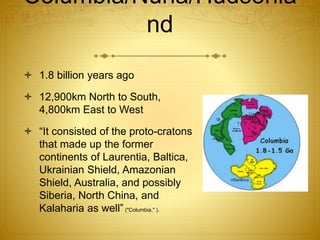 Columbia/Nuna/Hudsonla
nd
 1.8 billion years ago
 12,900km North to South,
4,800km East to West
 “It consisted of the proto-cratons
that made up the former
continents of Laurentia, Baltica,
Ukrainian Shield, Amazonian
Shield, Australia, and possibly
Siberia, North China, and
Kalaharia as well”("Columbia," ).
 