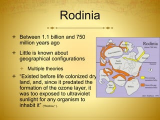 Rodinia
 Between 1.1 billion and 750
million years ago
 Little is known about
geographical configurations
 Multiple theories
 “Existed before life colonized dry
land, and, since it predated the
formation of the ozone layer, it
was too exposed to ultraviolet
sunlight for any organism to
inhabit it” ("Rodinia," ).
 