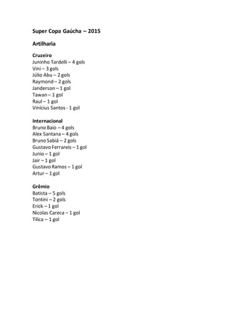 Super Copa Gaúcha – 2015
Artilharia
Cruzeiro
Juninho Tardelli – 4 gols
Vini – 3 gols
Júlio Abu – 2 gols
Raymond – 2 gols
J...