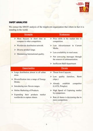 SWOT ANALYSIS
We extract the SWOT analysis of the tripple-em organization that where in fact it is
standing in the world.

                 Strengths                                  Weaknesses

      More Success in short time as              Price shifts in the market due to
       compare to other competitors.               competition.

      Worldwide distribution network.            Less Advertisement in Current
                                                   Media.
      Diverse product range.
                                                  Less availability in rural areas.
      Maintaining International quality.
                                                  Not conveying messages through
                                                   the sources of communication.

                                                  Inefficient R&D department

               Opportunities                                  Threats

   Large distribution almost in all urban        Threat from Copycats.
    areas.
                                                  Low quality       (tasteless,   Burnt
   Diversification into a range of Energy         chips.)
    Drinks.
                                                  Already   establish       competitor
   Introducing new flavors ranges.                (LAYS, Pringles)

   Online Marketing of Products.                 High Speed of Capturing market
                                                   by competitors.
   Expanding their products        market
    worldwide to capture shares.                  Rate of shares is decreasing due to
                                                   more competition.




                                             5
 