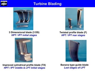 Banana type guide blade
Last stages of LPT
Improved cylindrical profile blade (TX)
HPT / IPT middle & LPT initial stages
Twisted profile blade (F)
HPT / IPT rear stages
3 Dimensional blade (3 DS)
HPT / IPT initial stages
Turbine Blading
 