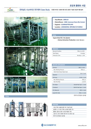 초임계 플랜트 사업
Year/Month : 2009/10
Client/Owner : JNBC (Jeonnam Nano Bio-Center)
Engineer : ILSHINAUTOCLAVE
Location : JANGSEONG. REPUBLIC OF KOREA
Removal Condition
Total Output
Production Time
700㎏/㎠ at 90℃
1 ton/day
8hr/dayay x 2set
Supercritical CO2 Dry System
– Various Extraction Production (다양한 추출 생산)
TITLE
PROCESS
Extractor
Max. Working Pressure
Yoke Frame Closure Type Cover
100ℓ x 2 units
700㎏/㎠
Separator
50ℓ x 2 units
HP Pump
Max. Working Pressure
Max Flow Rate
Pre-Heater Double Pipe Type × 2 units
Condenser Shell & Tube Type × 2 units
CO2 Reservoir 300ℓ x 1 units
Liquid CO2 Tank 20ton x 1 units
30 HP × 2 unit
700㎏/㎠
1.2ℓ/min
MAJOR APPLIANCES
구조도
FEATURE
(한국가스안전공사 검사필)
고체/ 액체 시료를 겸용 처리 가능한 설비
공정후 C.I.P 처리/ 전체 시스템의 광폭 구조
플랜트 설비의 전체 시스템 자동화 구현
고압가스 안전 규정에 의한 허가 및 전문 시공
한국가스안전공사 검사필
전라남도 나노바이오 연구센터 Case Study
www,.suflux.com
다양한 바이오 시료에 대한 모든 공정이 가능한 초임계 추출 설비
 