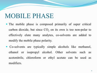 MOBILE PHASE
 The mobile phase is composed primarily of super critical
carbon dioxide, but since CO2 on its own is too non-polar to
effectively elute many analytes, co-solvents are added to
modify the mobile phase polarity.
 Co-solvents are typically simple alcohols like methanol,
ethanol or isopropyl alcohol. Other solvents such as
acetonitrile, chloroform or ethyl acetate can be used as
modifiers.
11
 