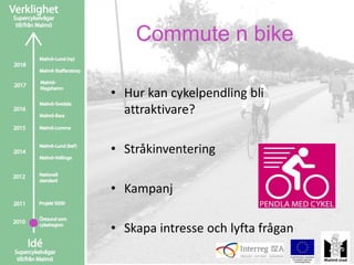 Commute n bike

• Hur kan cykelpendling bli
  attraktivare?

• Stråkinventering

• Kampanj

• Skapa intresse och lyfta frågan
 