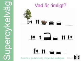 Supercykelväg                Vad är rimligt?




                Sektioner på landsväg respektive stadsgata   SWECO 2011
 