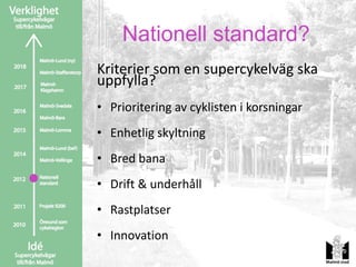 Nationell standard?
Kriterier som en supercykelväg ska
uppfylla?
• Prioritering av cyklisten i korsningar
• Enhetlig skyltning
• Bred bana
• Drift & underhåll
• Rastplatser
• Innovation
 