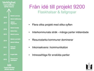 Från idé till projekt 9200
        Flaskhalsar & fallgropar


• Flera olika projekt med olika syften

• Interkommunala stråk - många parter inblandade

• Resursstarka kommuner dominerar

• Inkonsekvens i kommunikation

• Intressefråga för enskilda partier
 