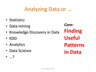 Analyzing Data or …
•   Statistics
•   Data mining                           Core:
•   Knowledge Discovery in Data        ...