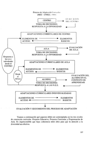 Proceso de Adaptación ("
(MEC-CNREE.
l.-VAl.l ACIÓN
Dl.il.. CENTRO

CENTRO

r

TOMA DE DECISIONES
RESPUESTA A LA DIVERSIDAD

ADAPTACIONES CURRICULARES DE CENTRO
ELEMENTOS DE
ACCESO <

ELEMENTOS
BÁSICOS
EVALUACIÓN
DE AULA

AULA
TOMA DE DECISIONES
RESPUESTA A LA DIVERSIDAD
Respuesta a
las n.e.e
individuales
desde el
CENTRO

ADAPTACIONES CURRICULARES DE AULA

ELEMENTOS DE
ACCESO 4

- • ELEMENTOS
BÁSICOS
EVALUACIÓN DEL
ALUMNO EN EL
CONTEXTO DE
APRENDIZAJE

ALUMNO
TOMA DE DECISIONES
RESPUESTA A LAS N.E.E.

1

ADAPTACIONES CURRICULARES INDIVIDUALIZADAS
ELEMENTOS DE
ACCESO <

ELEMENTOS
- BÁSICOS

EVALUACIÓN Y SEGUIMIENTO DEL PROCESO DE ADAPTACIÓN

Veamos a continuación qué aspectos deben ser contemplados en los tres niveles
de concreción curricular: Proyecto Educativo, Proyecto Curricular y Programación de
Aula. Es imprescindible que haya coherencia entre ellos para que la atención a la
diversidad sea efectiva.

107

 