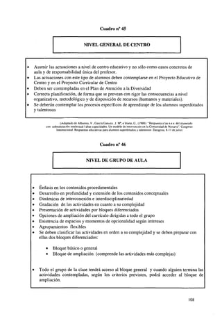 Cuadro n° 45

NIVEL GENERAL DE CENTRO

Asumir las actuaciones a nivel de centro educativo y no sólo como casos concretos de
aula y de responsabilidad única del profesor.
Las actuaciones con este tipo de alumnos deben contemplarse en el Proyecto Educativo de
Centro y en el Proyecto Curricular de Centro
Deben ser contempladas en el Plan de Atención a la Diversidad
Correcta planificación, de forma que se prevean con rigor las consecuencias a nivel
organizativo, metodológico y de disposición de recursos (humanos y materiales).
Se deberán contemplar los procesos específicos de aprendizaje de los alumnos superdotados
y talentosos
(Adaptado de Alburrea, V , García Ganuza , J. M", e Iriarte, G., (1998): "Respuesta a las n.e e. del alumnado
con sobredotación intelectual / altas capacidades. Un modelo de intervención en la Comunidad de Navarra". Congreso
Internacional. Respuestas educativas para alumnos superdotados y talentosos. Zaragoza, 8-11 de julio)

Cuadro n° 46

NIVEL DE GRUPO DE AULA

Énfasis en los contenidos procedimentales
Desarrollo en profundidad y extensión de los contenidos conceptuales
Dinámicas de interconexión e interdisciplinariedad
Gradación de las actividades en cuanto a su complejidad
Presentación de actividades por bloques diferenciados
Opciones de ampliación del currículo dirigidas a todo el grupo
Existencia de espacios y momentos de opcionalidad según intereses
Agolpamientos flexibles
Se deben clasificar las actividades en orden a su complejidad y se deben preparar con
ellas dos bloques diferenciados:
•
•

Bloque básico o general
Bloque de ampliación (comprende las actividades más complejas)

Todo el grupo de la clase tendrá acceso al bloque general y cuando alguien termina las
actividades contempladas, según los criterios previstos, podrá acceder al bloque de
ampliación.

108

 