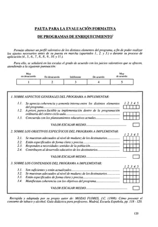 PAUTA PARA LA EVALUACIÓN FORMATIVA
DE PROGRAMAS DE ENRIQUECIMIENTO1
Permite obtener un perfil valorativo de los distintos elementos del programa, a fin de poder realizar
los ajustes necesarios antes de su puesta en marcha (apartados 1., 2. y 3.) o durante su proceso de
aplicación (4., 5., 6., 7., 8, 8., 9., 10. y 11.).
Para ello, se señalará en las escalas el grado de acuerdo con los juicios valorativos que se ofrecen,
atendiendo a la siguiente puntuación:
Muy
en desacuerdo

En desacuerdo

Indiferente

De acuerdo

Muy
de acuerdo

1

2

3

4

5

1. SOBRE ASPECTOS GENERALES DEL PROGRAMA A IMPLEMENTAR:
1.1. Se aprecia coherencia y armonía interna entre los distintos elementos
del programa
1.2. A priori, parece factible su implementación dentro de la programación
ordinaria del centro-ciclo-aula
1.3. Concuerda con los planteamientos educativos actuales

12 3 4 5
|    

VALOR ESCALAR MEDIO
2. SOBRE LOS OBJETIVOS ESPECÍFICOS DEL PROGRAMA A IMPLEMENTAR:
2.1.
2.2.
2.3.
2.4.

Se muestran adecuados al nivel de madurez de los destinatarios.
Están especificados deforma clara y precisa
Responden a necesidades sentidas de la población
Contribuyen al desarrollo educativo de los destinatarios
VALOR ESCALAR MEDIO

1 2 3 4 5

.. nn

3. SOBRE LOS CONTENIDOS DEL PROGRAMA A IMPLEMENTAR:
12 3 4 5
3.1.
3.2.
3.3.
3.4.

Son suficientes y están actualizados
Se muestran adecuados al nivel de madurez de los destinatarios.
Están especificados deforma clara y precisa
Manifiestan coherencia con los objetivos del programa
VALOR ESCALAR MEDIO..

Recogida y adaptada por su propio autor de: MOZAS FLORES, J.C. (1998): Cómo prevenir el
consumo de tabaco y alcohol. Guía didáctica para profesores. Madrid, Escuela Española, pp. 118 -120.

120

 