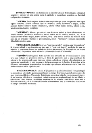 SUPERDOTADO: Son los alumnos que al presentar un nivel de rendimiento intelectual
(cognitivo) superior en una amplia gama de aptitudes y capacidades aprenden con facilidad
cualquier área o materia.
TALENTO: Es el conjunto de facultades o aptitudes que posee una persona para algún
aspecto concreto. Existen diversos tipos de "talento": talento académico o lógico, talento
artístico, talento creativo, talento matemático, talento verbal, talento motriz, talento social,
talento musical, talentos complejos.
TALENTOSO: Alumno que muestra una destacada aptitud y alto rendimiento en un
ámbito concreto (académico, matemático, verbal, motriz, social, artístico, musical, etc.). o de
procesamiento (talento lógico, talento creativo, etc.). Este tipo de alumnos no destacan en el
resto de las aptitudes o formas de procesamiento, siendo "normales" o incluso presentando
dificultades en otras áreas.
TRANSVERSAL (EJE/TEMA): Los "ejes transversales" implican una "metodología"
de transversalidad y una intención de que sean el "centro de interés" alrededor del cual se
organiza la enseñanza durante un período de tiempo determinado. Se diferencia de los "temas
transversales" en que éstos hacen referencia casi en exclusividad al "contenido".
TUTORÍA: Constituye uno de los aspectos más relevantes del proceso educativo. Es la
tarea que realizan los profesores tutores, es decir, los profesores que se responsabilizan de
orientar a los alumnos del grupo clase que tutelan. Además de orientar a los alumnos en su
proceso de aprendizaje, el tutor se encarga de las relaciones con la familia, de coordinar a los
diferentes profesores de su grupo clase, de atender especialmente a los alumnos de su clase con
necesidades educativas especiales, etc.
UNIDAD DIDÁCTICA: Unidad de programación y actuación docente configurada por
un conjunto de actividades que se desarrollan en un tiempo determinado, para la consecución de
unos objetivos didácticos. Una unidad didáctica da respuesta a todas las cuestiones curriculares:
al qué enseñar (objetivos y contenidos), cuándo enseñar (secuencia ordenada de actividades y
contenidos), cómo enseñar (actividades, organización del espacio y del tiempo, materiales y
recursos didácticos) y a la evaluación (criterios e instrumentos para la evaluación), todo ello en
un tiempo claramente delimitado.

154

 
