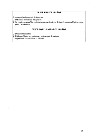 DESDE 9 HASTA 13 ANOS
IJ Aparece la disincronía de intereses.

•
•

Dificultad a veces de integración.
Se empiezan a perfilar cuales son sus grandes áreas de interés tanto académicas como
extra - académicas.
DESDE LOS 13 HASTA LOS 16 AÑOS

•
•
•

Disincronía interna.
Están perfiladas sus aptitudes y su jerarquía de valores.
Importante valoración de la amistad.

37

 