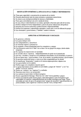 MOTIVACIÓN INTRÍNSECA, EFICACIA EN LA TAREA Y RENDIMIENTO
ü
•
Q
•
•
O
•
ü
•

Tiene gran capacidad y concentración en materias de su interés
Presenta aburrimiento ante las tareas rutinarias o puramente memorísticas
Se observa una multipotencialidad de intereses y habilidades
Tiene gran curiosidad por una serie variada de temas
Es muy eficaz e individualista en sus tareas, aportando soluciones para salir de la rutina
Prefiere trabajar de forma independiente y precisa de pocas indicaciones del profesor
Presenta una excesiva autocrítica, perfeccionismo e hipersensibilidad
Prefiere las respuestas y aprendizajes razonados y mejor aún si son de elaboración propia
Son obstinados y perseverantes y "rebeldes" cuando se aburren

ASPECTOS ACTITUDINALES Y SOCIALES
•
•
•
Q
•
•
•
•
•
•
Q
Q
•
•
ü
•
•
•
ü
Q

Es generoso y altruista
Les gusta trabajar solos
Son independientes y autocríticos
Se muestran seguros y persuasivos
Es aceptado y tienen popularidad entre los compañeros y amigos
Con frecuencia suele ser el "líder" de su clase o de sus grupos de amigos, desde edades
tempranas
No soportan las imposiciones no razonadas
Es sensible ante la injusticia, independientemente de quién sea el perjudicado
Son muy sensibles y receptivos a los problemas relacionados con la moralidad y la justicia
En sus tareas intra - extra escolares, si son de su interés, son perfeccionistas y perseverantes
Su peculiar sentido del humor, a veces no es bien comprendido por los demás
Se manifiestan "despistados" cuando no le interesa alguna persona o alguna cosa
Les gusta hablar con los adultos
Prefiere jugar con compañeros mayores que él
Le gusta relacionarse con los adultos en actividades y juegos de "interior" y con "sus
iguales" en los de "exterior"
Suelen ser "crédulos" (no "ingenuos") y confiados
Necesitan tener éxito y ser reconocidos
Les molesta la inactividad y la falta de progreso
Poseen capacidad de liderazgo. Observar a los "jefes" de las pandillas o grupos
Tienen necesidad de poder formar grupos, tanto heterogéneos como homogéneos (por
capacidades y/o intereses, independientemente de la edad cronológica que tenga. Tienen
necesidad, por tanto de que se les proporcionen "grupos de encuentro", para desarrollar sus
potencialidades, tanto cognitivas / creativas como de "ocio y tiempo libre".

50

 