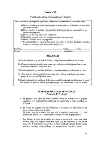Cuadro n° 18
Prueba sociométrica (Nominación entre iguales)
Para contestar a las preguntas siguientes, debes tener en cuenta estas consideraciones:
A) Debes considerar a todos los compañeros y compañeras de la clase, incluso a los
que están ausentes.
B) Debes escribir el nombre y los apellidos de los compañeros o compañeras por
quienes se pregunta.
C) Debes ser muy sincero en tus respuestas.
D) No debes permitir que tus compañeros miren tus respuestas.
E) Debes contestar todas las preguntas.
F) No debes hablar. Si tienes alguna duda o no sabes el apellido de algún compañero
levanta la mano y yo iré a tu mesa a responderte.
Nombre:
Centro:

Ciclo
Localidad:

Curso:

PREGUNTAS
1) Escribe el nombre y apellido de los tres compañeros/as más listos de la clase.
2) ¿Con quienes te gustaría formar grupo para realizar un trabajo para clase o para
preparar un examen? Nombra a tres.
3) Escribe el nombre y apellido de los tres compañeros/as menos listos de la clase.
4) ¿Con quienes no te gustaría formar grupo para realizar un trabajo para clase o
preparar un examen? Nombra a tres.
5) Escribe el nombre y apellidos de los tres compañeros/as más simpáticos de la clase y
con quienes te gustaría formar grupo para jugar, ir a una fiesta o ir de excursión.

ELABORACIÓN DE LAS RESPUESTAS
(Por parte del Profesor)
a) Se prepara una tabla de doble entrada (como se muestra en la página
siguiente) y se escriben los nombres de los alumnos tal y como se indica en
la figura.
b) Se toman los papeles con las respuestas y se marcan las elecciones en el
lugar correspondiente de la tabla.
El primer elegido se marca con uno (1), el segundo con un dos (2) y el
tercero con un tres (3). Tales números indican el orden de preferencia.
c) Por último, al final de la tabla, se coloca el número de veces que cada
alumno haya sido elegido en primer lugar (1), en segundo (2) o en tercer
lugar (3). A continuación se realiza la suma total del número de elecciones
que haya obtenido en primer lugar, en segundo lugar y en tercer lugar.

60

 
