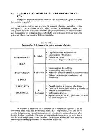 4.1.

AGENTES RESPONSABLES DE LA RESPUESTA EDUCATIVA

Si urge una respuesta educativa adecuada a los sobredotados, ¿quién o quiénes
deben dar tal respuesta?.
Los mismos sujetos que provocan la atención educativa responden a estos
interrogantes. Los sobredotados son hijos, alumnos y ciudadanos. Serán, por
consiguiente, estas tres estructuras-ambientes y bajo la dirección de sus responsables las
que, de acuerdo a sus respectivas responsabilidades y posibilidades, deben dar respuesta
y atención educativa al colectivo de los sobredotados.

Cuadro n° 34
Responsables de la intervención y de la respuesta educativa

RESPONSABLES

F1 FQtaHn

•
•
•
•

Legislación sobre la sobredotación
Ordenamiento y Normativa
Orientación Escolar
Preparación de profesorado especializado

DE LA

INTERVENCIÓN

•
•
La Familia •
•

Concienciación del problema
Información y asesoramiento
Actuación adecuada sobre los hijos sobredotados
Diálogo y colaboración con el centro y el
profesorado

•
•

Acogida positiva al colectivo sobredotado
Creación de instituciones públicas y privadas de
atención a los sobredotados
Colaboración práctica
Aprovechamiento social y profesional de todos
los talentos específicos

Y DÉLA
LA RESPUESTA
EDUCATIVA

La
Sociedad

•
•

Es evidente la necesidad de la armonía, de la conjunción operativa y de la
interacción entre estas tres Instituciones, todas ellas responsables, cada una en su
medida, de la respuesta y atención educativa a los sobredotados intelectualmente y a los
dotados de altas capacidades. Estos son miembros simultáneamente de las tres y tienen
en ellas unas obligaciones y unos derechos. En este caso, el derecho a una atención
educativa que satisfaga plenamente sus necesidades específicas.

94

 