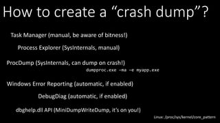 How to create a “crash dump”?
Windows Error Reporting (automatic, if enabled)
ProcDump (SysInternals, can dump on crash!)
dbghelp.dll API (MiniDumpWriteDump, it’s on you!)
Task Manager (manual, be aware of bitness!)
Process Explorer (SysInternals, manual)
dumpproc.exe –ma –e myapp.exe
Linux: /proc/sys/kernel/core_pattern
DebugDiag (automatic, if enabled)
 