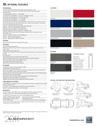 XL OPTIONAL FEATURES
MECHANICAL                                                                                                            EXTERIOR
6.7L Power Stroke® V8 Turbo Diesel B20-capable engine (standard on F-450)
Electronic Shift-On-the-Fly (ESOF) 4-wheel-drive system with auto/manual locking hubs
(4x4 models only)
18" argent-painted steel wheels — 4 (F-350 SRW)
LT245/75R17 all-terrain BSW tires — 5 (F-250, F-350 DRW and F-450)
LT265/70R17 all-terrain OWL tires — 4 (F-250/F-350 SRW)
LT275/65R18 all-season BSW tires — 5 (F-350 SRW)                                                                      Oxford White                                       Vermillion Red
LT275/70R18 all-terrain BSW tires — 4 (F-350 SRW)
5th-Wheel/Gooseneck Trailer Tow Prep Package includes 1 under-bed-frame crossmember, 5 pickup
bed 5th-wheel/gooseneck attachment points and close-out plugs, and an integrated 7-pin connector
on the driver-side pickup bed wall (8' box only)
Alternator — Single, extra-heavy-duty 200-amp (diesel engine only)
Alternators — Dual, 357-amp total (diesel engine only)
                                                                                                                      Dark Blue Pearl Metallic                           Forest Green Metallic
Engine block heater (standard in 15 cold-weather states)
Integrated Trailer Brake Controller (standard on F-350 DRW/F-450)
Power TakeOff (PTO) provision allows transmission-mounted live drive and stationary modes
(diesel engine only)
Rear axle — Electronic-locking (F-250/F-350 SRW only)
Rear axle — Higher-ratio (gas engine only)
Rear axle — Limited-slip (F-350 DRW/F-450 only)                                                                       Ingot Silver Metallic                              Sterling Grey Metallic

SEATING
40/mini-console/40 front bucket seats (HD vinyl or cloth)

INTERIOR
Accessory delay for power features1
AM/FM stereo/single-CD player with MP3 capability, digital clock and 4 speakers2 (Fleet only on                       Tuxedo Black Metallic                              Pale Adobe Metallic (Fleet only)
F-250/F-350)
Auxiliary audio input jack (requires CD)
Ford SYNC® voice-activated, in-vehicle communications and entertainment system (requires XL Value                     INTERIOR
Package)                                                                                                                                                                 EXTERIOR COLORS                      INTERIOR
Power door locks1                                                                                                                                                                                              COLORS
Power windows with one-touch-down driver-window feature1                                                                                                                 Oxford White
Rapid-Heat Supplemental Cab Heater (requires diesel engine and alternator upgrade)                                                                                       Vermillion Red
Remote start system (requires Power Equipment Group)                                                                                                                     Dark Blue Pearl Metallic
Steering wheel audio controls (requires SYNC)                                                                                                                            Forest Green Metallic
                                                                                                                      Steel HD Vinyl
Upfitter switches located on instrument panel (4)                                                                     Standard                                           Ingot Silver Metallic
                                                                                                                                                                         Sterling Grey Metallic
EXTERIOR
                                                                                                                                                                         Tuxedo Black Metallic
6" angular Black molded cab steps (standard on DRW)
Chrome bumpers with grained top cover 2
                                                                                                                                                                         Pale Adobe Metallic
Manually telescoping trailer tow mirrors with 2-way fold, power/heated glass, heated manual spotter                                                                      INTERIORS:        Steel HD Vinyl   Steel Cloth
mirrors, and integrated clearance lamps and turn signals1
                                                                                                                      Steel Cloth
Pickup box delete (F-250/F-350 only; requires 8' box; n/a with 20" wheels or FX4 OFF-ROAD Package)                    Optional
Roof clearance lamps (standard on DRW)
Skid plates on transfer case and fuel tank (included with FX4 OFF-ROAD Package)
Tailgate Step includes step, Tailgate Assist and grab bar
ToughBed® spray-in bedliner includes tailgate guard and black bed bolts 3
                                                                                                                      SEATING, BOX AND CAB CONFIGURATIONS
FORD WORK SOLUTIONSTM
In-dash Windows® CE computer with touch screen navigation and hands-free calling (restrictions apply) 3
Cable Lock by Master Lock®3
Crew Chief TM — Fleet tracking system (n/a with SYNC or in-dash computer) 3
Tool Link TM (requires in-dash computer; restrictions apply) 3
                                                                                                                                                                                Regular Cab
PACKAGES
XL Value Package includes AM/FM stereo/single-CD player with MP3 capability, digital clock,
4 speakers, cruise control, chrome bumpers and MyKey TM owner controls feature                                            Standard 40/20/40      Available 40/mini-console/
                                                                                                                             split front seat       40 front bucket seats
See PACKAGES section on page 24 for content of the following packages:
10,000-lb. GVWR Package (F-350 SRW)        Heavy-Service Front Suspension Package
Camper Package (restrictions apply)        Power Equipment Group                                                               6¾' Box Size                                     SuperCab
FX4 OFF-ROAD Package                       Snow Plow Prep Package (4x4 only; restrictions apply)
1
    Included as part of Power Equipment Group. 2Included as part of XL Value Package. 3Ford Licensed Accessory.
    See your dealer for limited warranty details.



                                                                                                                                                                                Crew Cab
                                                                                                                              8' Box Size

Colors shown are representative only. See your dealer for actual paint/trim options. Fabric patterns and colors are
subject to change or substitution without notice.




                                                                                 ®
                ALL-NEW SUPER DUTY                                                                                                                               fordvehicles.com
 