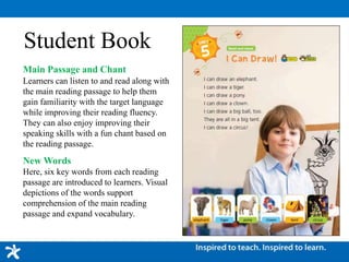 Student Book
Main Passage and Chant
Learners can listen to and read along with
the main reading passage to help them
gain familiarity with the target language
while improving their reading fluency.
They can also enjoy improving their
speaking skills with a fun chant based on
the reading passage.
New Words
Here, six key words from each reading
passage are introduced to learners. Visual
depictions of the words support
comprehension of the main reading
passage and expand vocabulary.
 