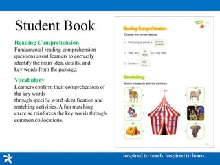 Student Book
Reading Comprehension
Fundamental reading comprehension
questions assist learners to correctly
identify the main idea, details, and
key words from the passage.
Vocabulary
Learners confirm their comprehension of
the key words
through specific word identification and
matching activities. A fun matching
exercise reinforces the key words through
common collocations.
 