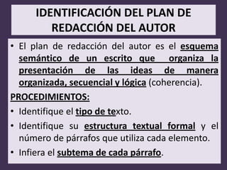 IDENTIFICACIÓN DEL PLAN DE
        REDACCIÓN DEL AUTOR
• El plan de redacción del autor es el esquema
  semántico de un escrito que organiza la
  presentación de las ideas de manera
  organizada, secuencial y lógica (coherencia).
PROCEDIMIENTOS:
• Identifique el tipo de texto.
• Identifique su estructura textual formal y el
  número de párrafos que utiliza cada elemento.
• Infiera el subtema de cada párrafo.
 
