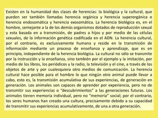 Existen en la humanidad dos clases de herencias: la biológica y la cultural, que
pueden ser también llamadas herencia orgánica y herencia superorgánica o
herencia endosomática y herencia exosomática. La herencia biológica es, en el
hombre, semejante a la de los demás organismos dotados de reproducción sexual
y esta basada en a transmisión, de padres a hijos y por medio de las células
sexuales, de la información genética codificada en el ADN. La herencia cultural,
por el contrario, es exclusivamente humana y reside en la transmisión de
información mediante un proceso de enseñanza y aprendizaje, que es en
principio, independiente de la herencia biológica. La cultural no sólo se transmite
por la instrucción y la enseñanza, sino también por el ejemplo y la imitación, por
medio de los libros, los periódicos y la radio, la televisión y el cine, a través de los
objetos de arte y por cualesquiera otro medios de comunicación. La herencia
cultural hace posible para el hombre lo que ningún otro animal puede llevar a
cabo, esto es, la transmisión acumulativa de sus experiencias, de generación en
generación. Los animales son capaces de aprender por experiencia, pero no de
transmitir sus experiencias o “descubrimientos” a las generaciones futuras. Los
animales tienen memoria individual, pero no “memoria” social; por el contrario,
los seres humanos han creado una cultura, precisamente debido a su capacidad
de transmitir sus experiencias acumulativamente, de una a otra generación.
 