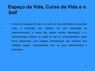 Espaço da Vida, Curso da Vida e o
Self

•   A teoria do espaço de vida e do curso de vida estabelece uma junção
    entre   a     psicologia   dos   estádios   de   vida   (psicologia   do
    desenvolvimento) a teoria dos papéis sociais (sociologia), e a
    fenomenologia (relativa ao papel do self no comportamento), desta
    forma oferecendo uma imagem compreensiva das carreiras com
    múltiplos papéis, conjuntamente com os seus determinantes e
    interações.




                                                                          12
 