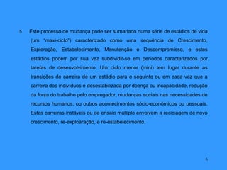 5.   Este processo de mudança pode ser sumariado numa série de estádios de vida
     (um “maxi-ciclo”) caracterizado como uma sequência de Crescimento,
     Exploração, Estabelecimento, Manutenção e Descompromisso, e estes
     estádios podem por sua vez subdividir-se em períodos caracterizados por
     tarefas de desenvolvimento. Um ciclo menor (mini) tem lugar durante as
     transições de carreira de um estádio para o seguinte ou em cada vez que a
     carreira dos indivíduos é desestabilizada por doença ou incapacidade, redução
     da força do trabalho pelo empregador, mudanças sociais nas necessidades de
     recursos humanos, ou outros acontecimentos sócio-económicos ou pessoais.
     Estas carreiras instáveis ou de ensaio múltiplo envolvem a reciclagem de novo
     crescimento, re-exploaração, e re-estabelecimento.




                                                                                 6
 