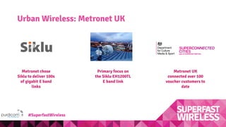 Urban Wireless: Metronet UK
Metronet chose
Siklu to deliver 100s
of gigabit E band
links
Primary focus on
the Siklu EH1200TL
E band link
Metronet UK
connected over 100
voucher customers to
date
#SuperfastWireless
 