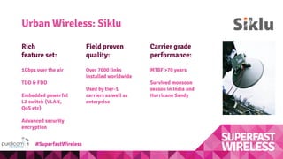 Urban Wireless: Siklu
Field proven
quality:
Carrier grade
performance:
Over 7000 links
installed worldwide
Used by tier-1
carriers as well as
enterprise
MTBF >70 years
Survived monsoon
season in India and
Hurricane Sandy
Rich
feature set:
1Gbps over the air
TDD & FDD
Embedded powerful
L2 switch (VLAN,
QoS etc)
Advanced security
encryption
#SuperfastWireless
 