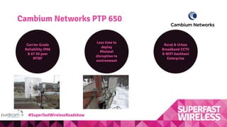 Cambium Networks PTP 650
Carrier Grade
Reliability IP66
& 67 50 year
MTBF
Rural & Urban
Broadband CCTV
& WiFi backhaul
Enterprise
Less time to
deploy
Minimal
disruption to
environment
#SuperfastWirelessRoadshow
 